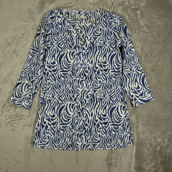 Vineyard Vines Shirt Womens Small White Blue Abstract Zebra Print Tunic Preppy - Picture 2 of 8